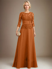 A-line Scoop Illusion Floor-Length Chiffon Lace Mother of the Bride Dress With Pleated Sequins Beading