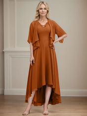 A-line V-Neck Asymmetrical Chiffon Mother of the Bride Dress With Beading Sequins
