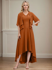 A-line V-Neck Asymmetrical Chiffon Mother of the Bride Dress With Beading Sequins
