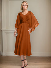 A-line V-Neck Tea-Length Chiffon Lace Mother of the Bride Dress With Beading Sequins