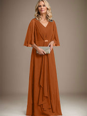A-line V-Neck Floor-Length Chiffon Mother of the Bride Dress With Cascading Ruffles Crystal Brooch