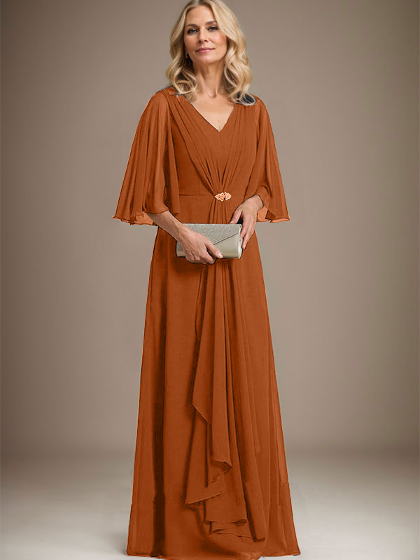 A-line V-Neck Floor-Length Chiffon Mother of the Bride Dress With Cascading Ruffles Crystal Brooch