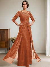 A-Line Scoop Illusion Floor-Length Lace Chiffon Mother Of the Bride Dress With Beading Ruffles