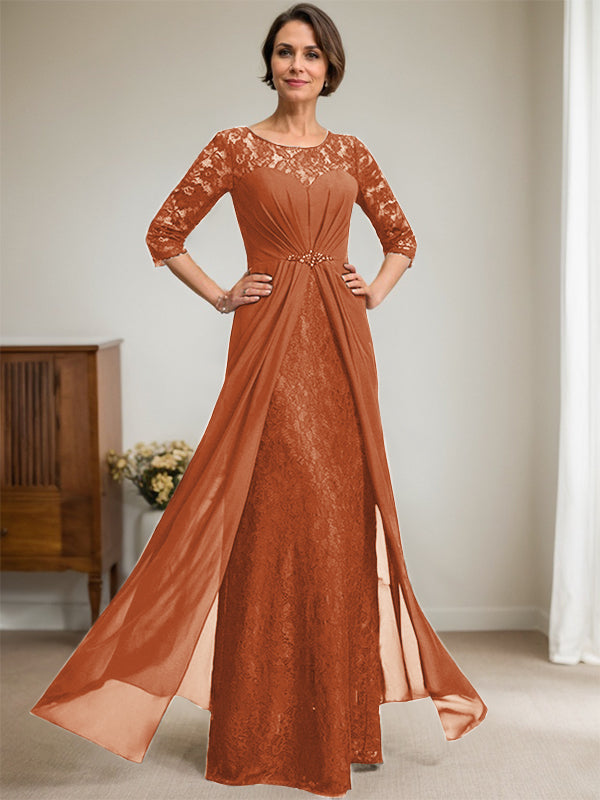 A-Line Scoop Illusion Floor-Length Lace Chiffon Mother Of the Bride Dress With Beading Ruffles