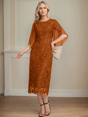 Sheath/Column Scoop Tea-Length Lace Chiffon Mother of the Bride Dress