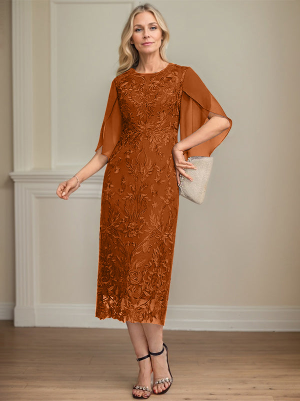 Column Scoop Tea-Length Lace Chiffon Mother of the Bride Dress