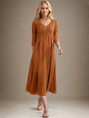 A-line V-Neck Tea-Length Chiffon Lace Mother of the Bride Dress With Beading