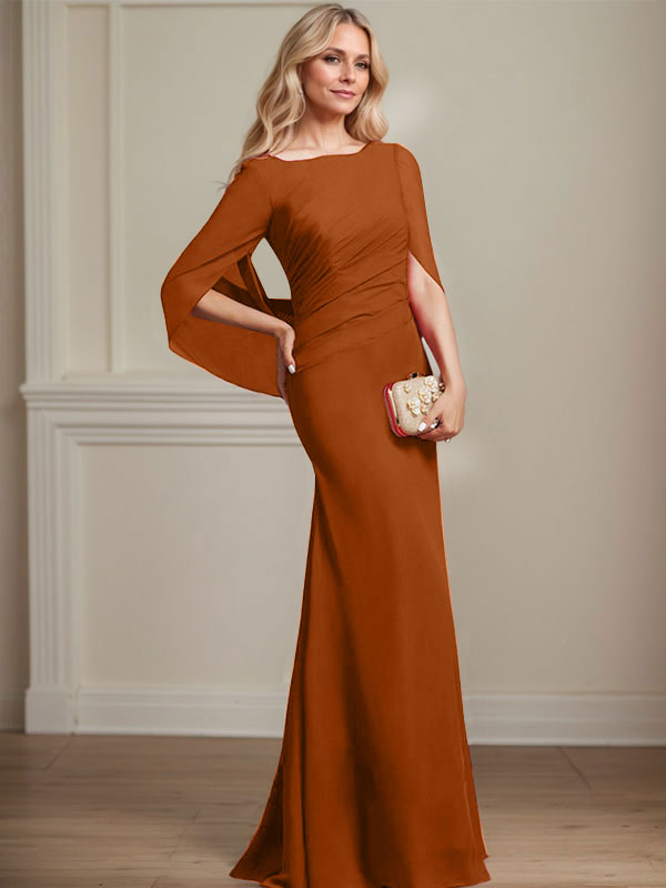 Mermaid Boat Neck Floor-Length Chiffon Mother of the Bride Dress With Pleated