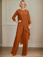 Separates Jumpsuit/Pantsuit Scoop Floor-Length Chiffon Mother of the Bride Dress With Sequins Beading