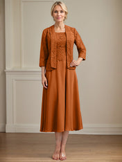 A-line Scoop Tea-Length Lace Chiffon Mother of the Bride Dress