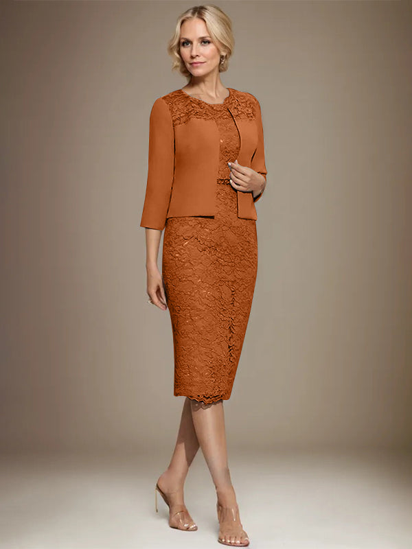 Column Scoop Knee-Length Chiffon Lace Mother of the Bride Dress With Beading