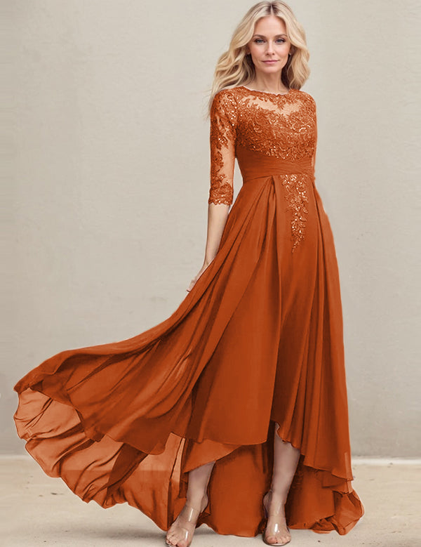 Robe de mère de la mariée asymétrique en mousseline de soie et dentelle, coupe trapèze, décolleté en V, avec sequins plissés 