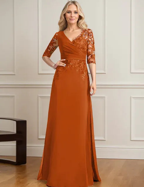 Robe de mère de la mariée trapèze, col en V, longueur au sol, en mousseline de soie et dentelle, avec sequins plissés 