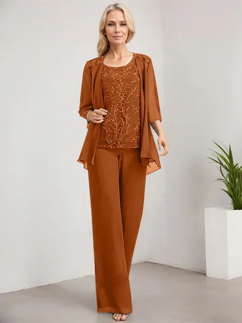 Pantsuit Scoop Floor-Length Lace Chiffon Mother of the Bride Dress With Sequins