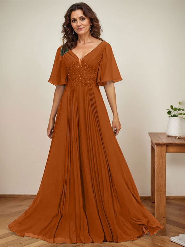 A-line V-Neck Floor-Length Chiffon Mother of the Bride Dress With Sequins Appliques Lace Pleated