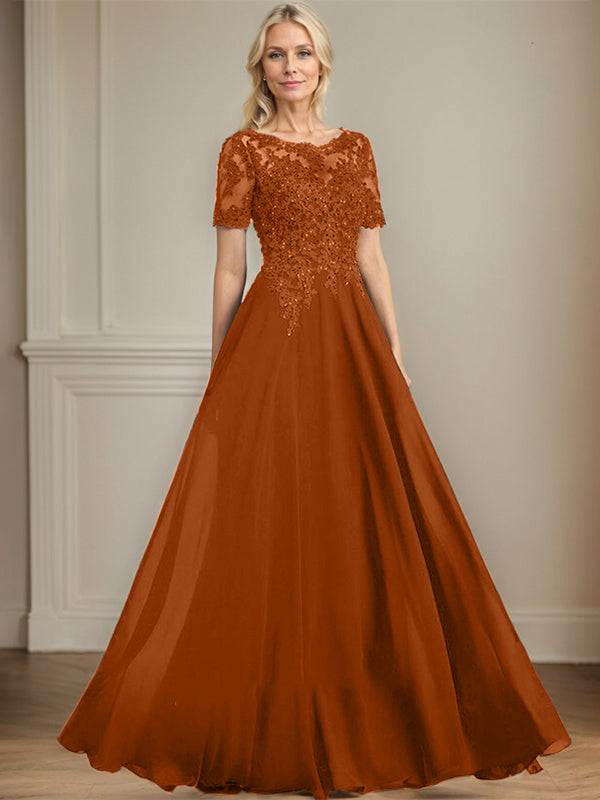 A-line Scoop Illusion Floor-Length Chiffon Lace Mother of the Bride Dress With Sequins Beading