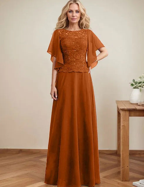 A-line Scoop Illusion Floor-Length Lace Chiffon Mother of the Bride Dress With Sequins