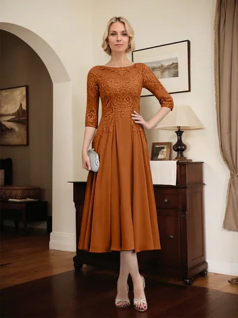 A-line Scoop Illusion Tea-Length Chiffon Lace Mother of the Bride Dress With Beading Sequins