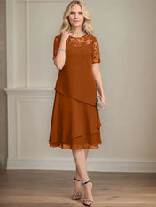 A-line Scoop Illusion Knee-Length Lace Chiffon Mother of the Bride Dress With Sequins