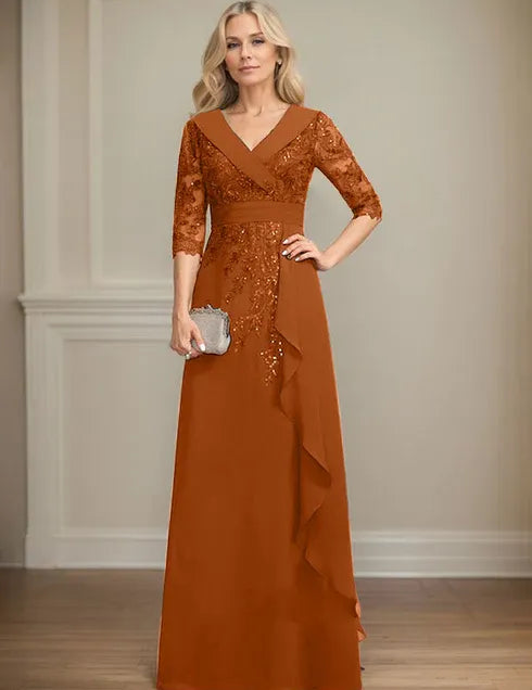 Robe de mère de la mariée trapèze, col en V, longueur au sol, en mousseline de soie et dentelle, avec volants en cascade et paillettes 
