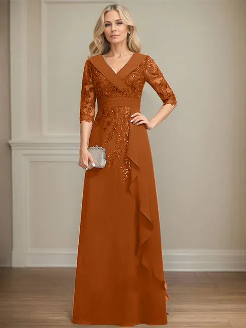 A-line Collared V-Neck Floor-Length Lace Chiffon Mother of the Bride Dress With Sequins Cascading Ruffles