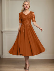 A-line V-Neck Tea-Length Lace Chiffon Mother of the Bride Dress With Sequins