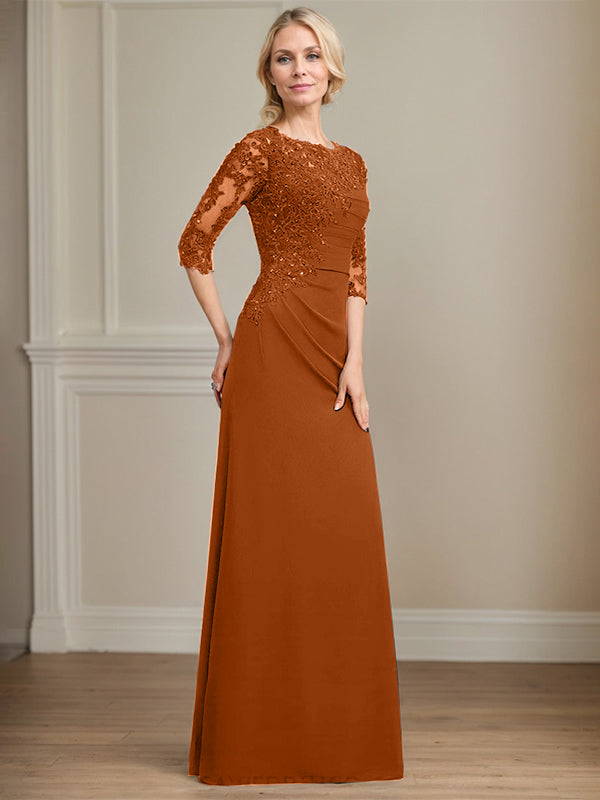 A-line Scoop Floor-Length Chiffon Lace Mother of the Bride Dress With Beading Pleated Sequins