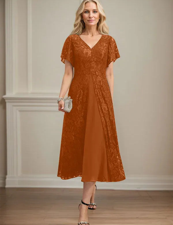 A-line V-Neck Tea-Length Lace Chiffon Mother of the Bride Dress
