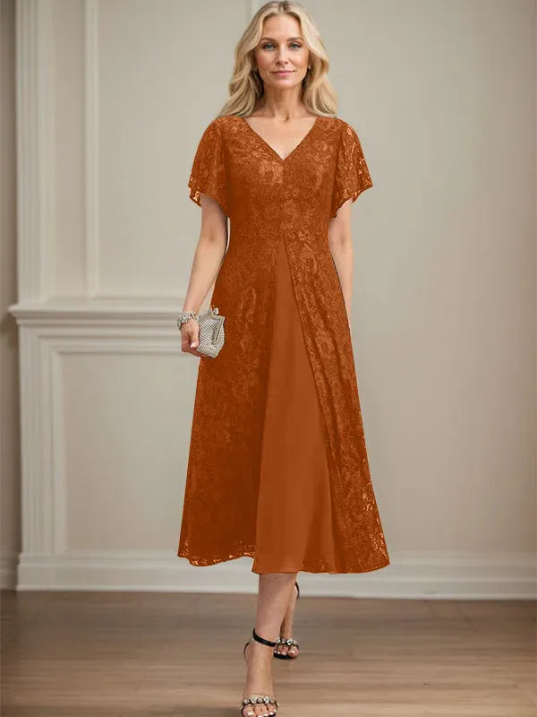 Robe de mère de la mariée en mousseline de soie, coupe trapèze, col en V et longueur thé 