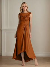 Champagne A-Line Scoop Lace Chiffon Dress