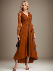 A-line V-Neck Asymmetrical Lace Chiffon Mother of the Bride Dress