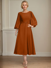 A-line Scoop Tea-Length Chiffon Mother of the Bride Dress With Crystal Brooch Pleated