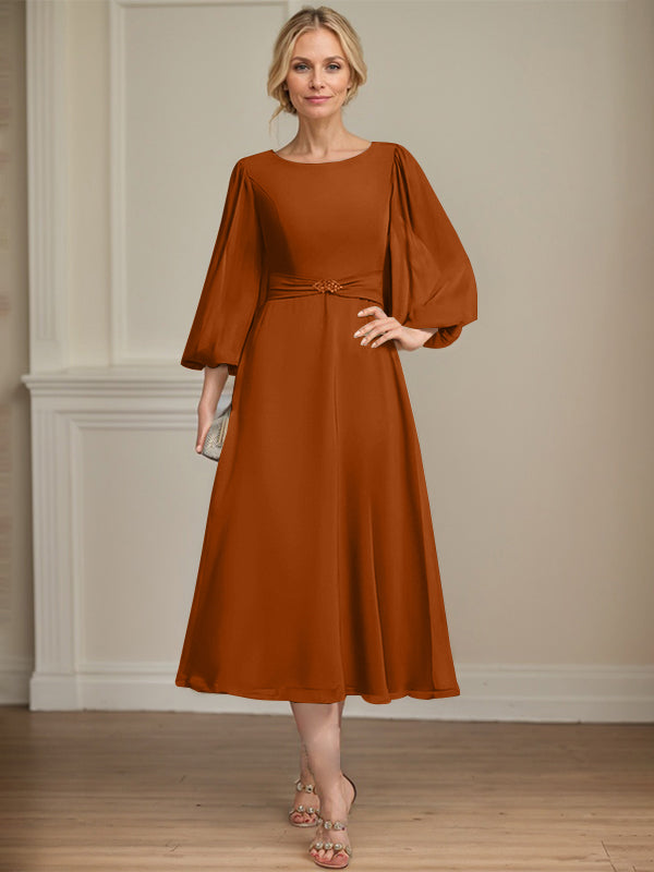 A-line Scoop Tea-Length Chiffon Mother of the Bride Dress With Crystal Brooch Pleated