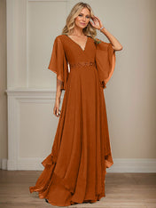 A-line V-Neck Floor-Length Chiffon Mother of the Bride Dress With Sequins Appliques Lace Beading