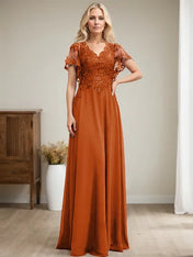 A-line V-Neck Floor-Length Lace Chiffon Mother of the Bride Dress With Sequins