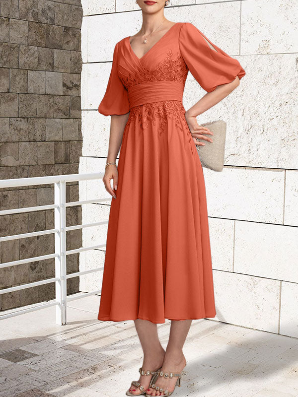 A-line V-Neck Tea-Length Lace Chiffon Mother of the Bride Dress With Pleated