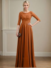 A-line Scoop Illusion Floor-Length Lace Chiffon Mother of the Bride Dress With Sequins