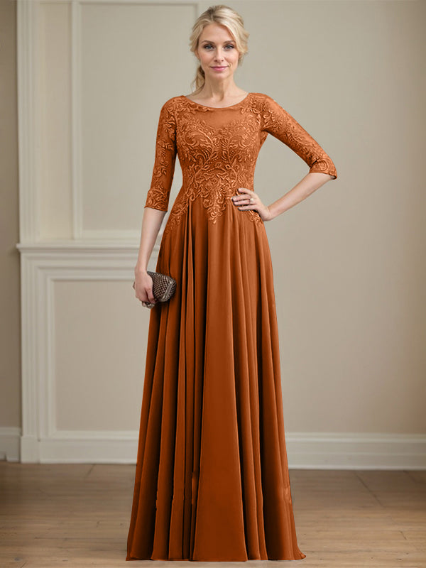 A-line Scoop Illusion Floor-Length Lace Chiffon Mother of the Bride Dress With Sequins