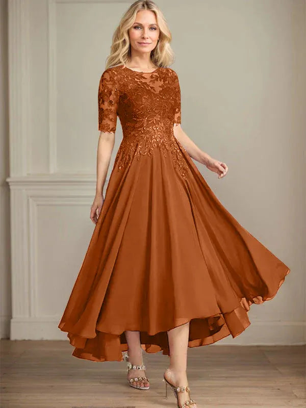 Robe de mère de la mariée asymétrique en mousseline de soie et dentelle, coupe trapèze, décolleté en V, illusion, avec paillettes 