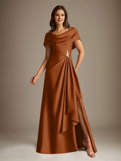 A-Line Scoop Floor-Length Stretch Satin Mother of the Bride Dress With Cascading Ruffles