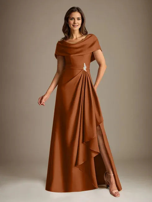 A-Line Scoop Floor-Length Stretch Satin Mother of the Bride Dress With Cascading Ruffles