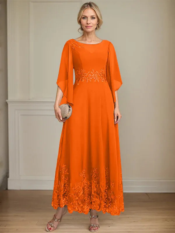 Robe de mère de la mariée trapèze en mousseline de soie et dentelle, longueur cheville, décolleté en V, illusion, avec paillettes 