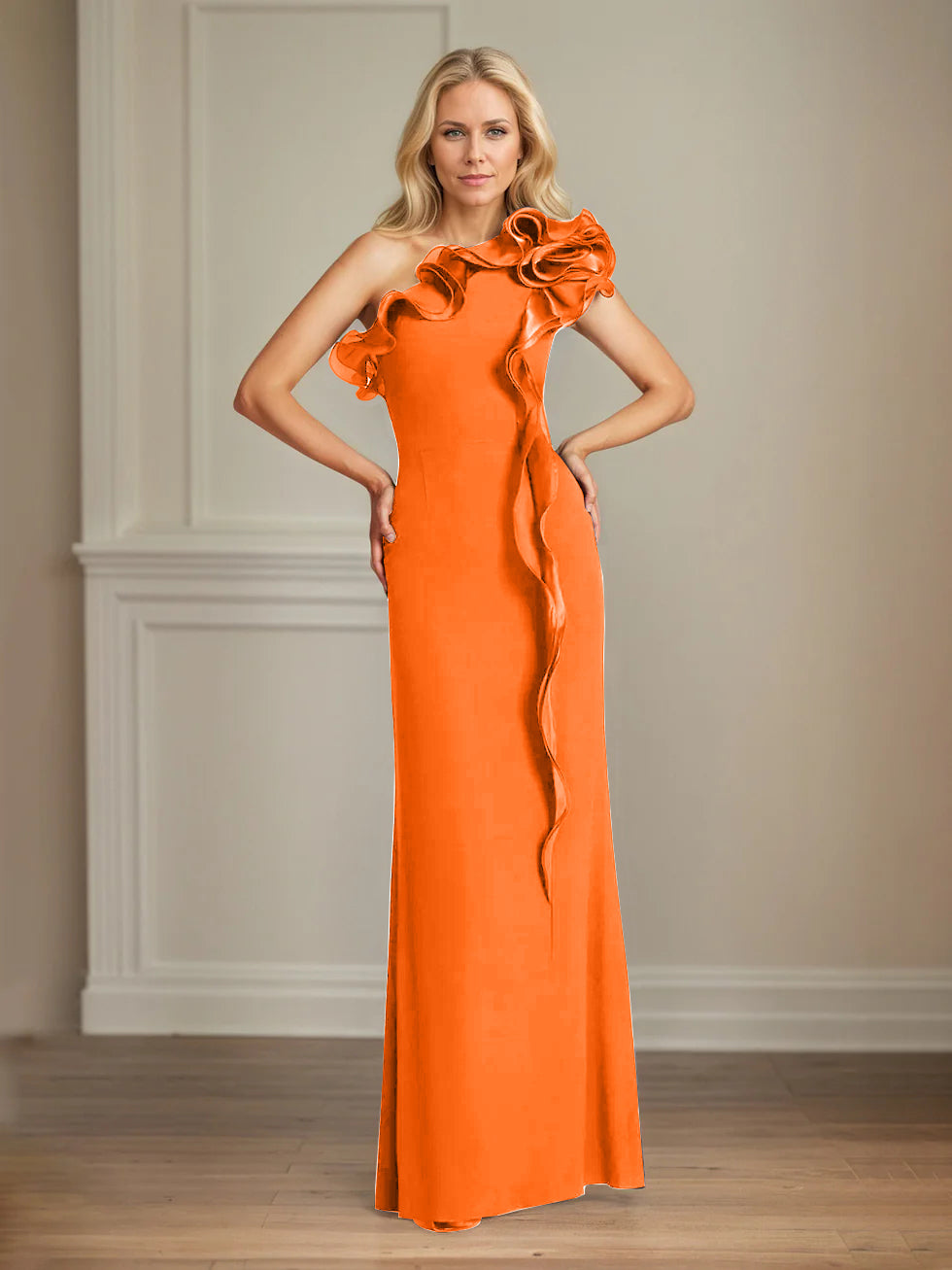 Column One Shoulder Floor Length Mother of the Bride Dresses With Ruffles