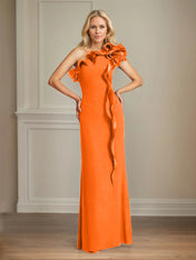 Navy Stretch Crepe Sheath/Column One Shoulder Floor Length Mother of the Bride Dresses With Ruffles