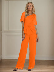 2 Piece Jumpsuit / Pantsuit Crew Neck Floor Length Chiffon Mother of the Bride Dress