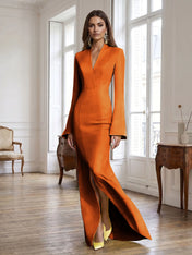 Yellow Long Bell Sleeve Mermaid Evening Gown with Asymmetric V-Neck Formal Dresses