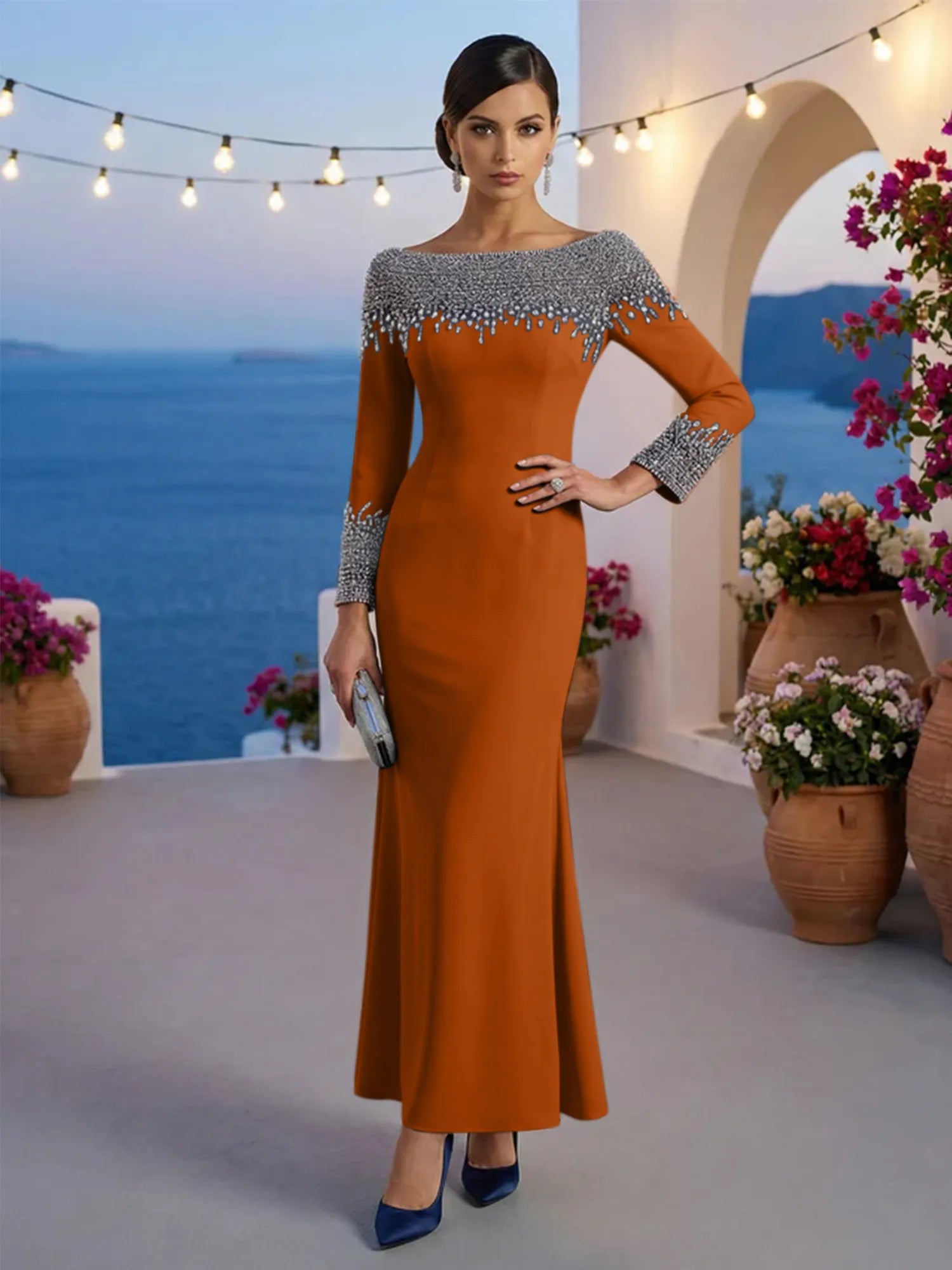 Formal Evening Dress Blue Velvet Long Sleeves Maxi Dress with Crystal