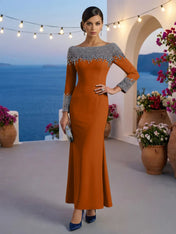 Formal Evening Dress Blue Velvet Long Sleeves Maxi Dress with Crystal