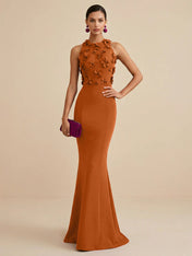 Deep Fuchsia Sleeveless High Neck 3D Floral Mermaid Formal Gown Evening Dress