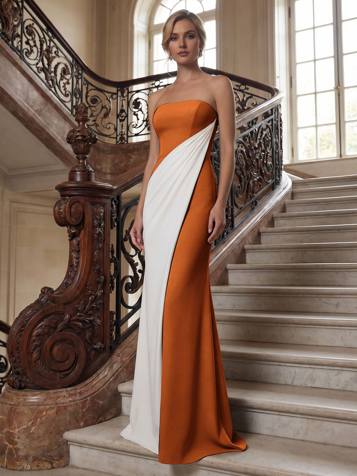 Black White Sheath Strapless Elegant Maxi Formal Dress
